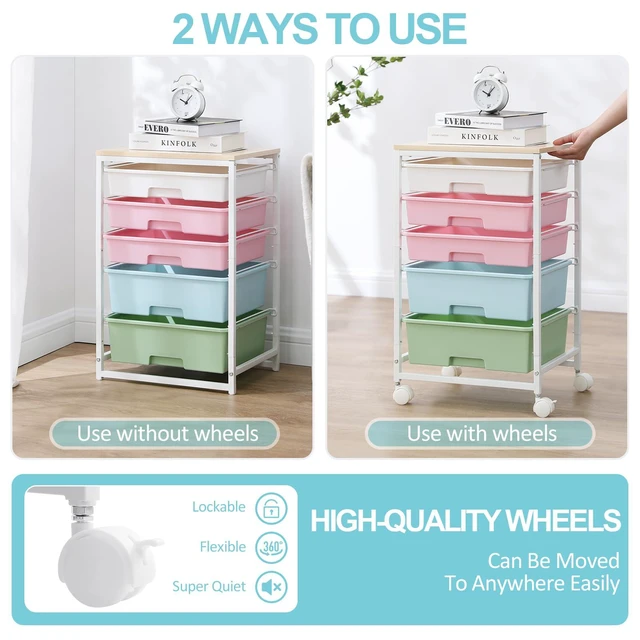 Alt view image 6 of 7 - Utility Cart with 5 Drawers with Wooden Top, Rainbow 5-Tiers Storage Cart with Drawers with Lockable Wheels for Craft Organizers and Storage,Home Office,Classroom,Dorm,Playroom