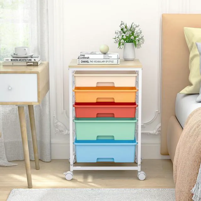Alt view image 2 of 7 - Utility Cart with Drawers,5 Drawers Storage Cart,Macaron 5-Tiers Storage Cart with Drawers with Lockable Wheels for Craft Organizers and Storage,Home Office,Classroom,Dorm,Playroom