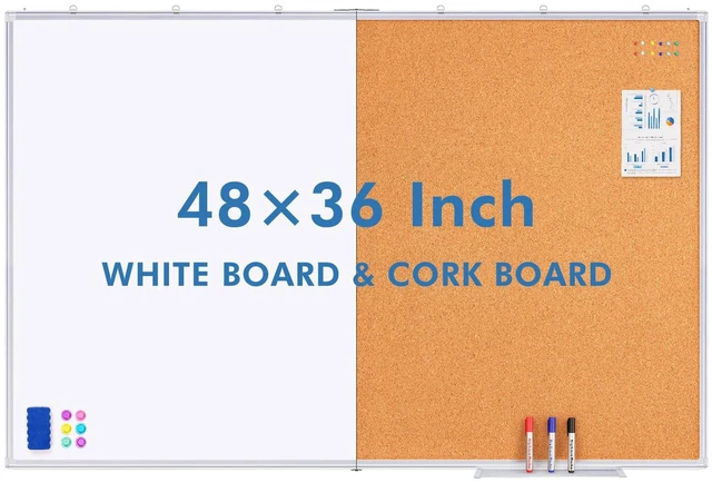 Main image of Magnetic White & Cork Board Combo 48" x 36" Aluminum Frame Dry Erase Bulletin Board, Wall Mounted or Hanging. Dual-function Surface for Writing & Pinning. Ideal for Home, Office, Shool