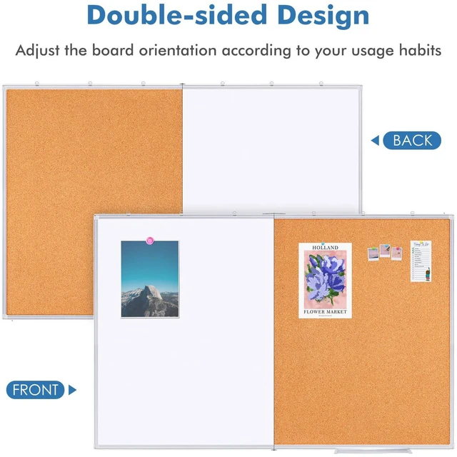 Alt view image 3 of 7 - Magnetic White & Cork Board Combo 48" x 36" Aluminum Frame Dry Erase Bulletin Board, Wall Mounted or Hanging. Dual-function Surface for Writing & Pinning. Ideal for Home, Office, Shool