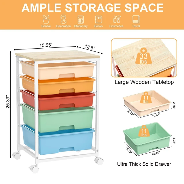 Alt view image 3 of 7 - Utility Cart with Drawers,5 Drawers Storage Cart,Macaron 5-Tiers Storage Cart with Drawers with Lockable Wheels for Craft Organizers and Storage,Home Office,Classroom,Dorm,Playroom