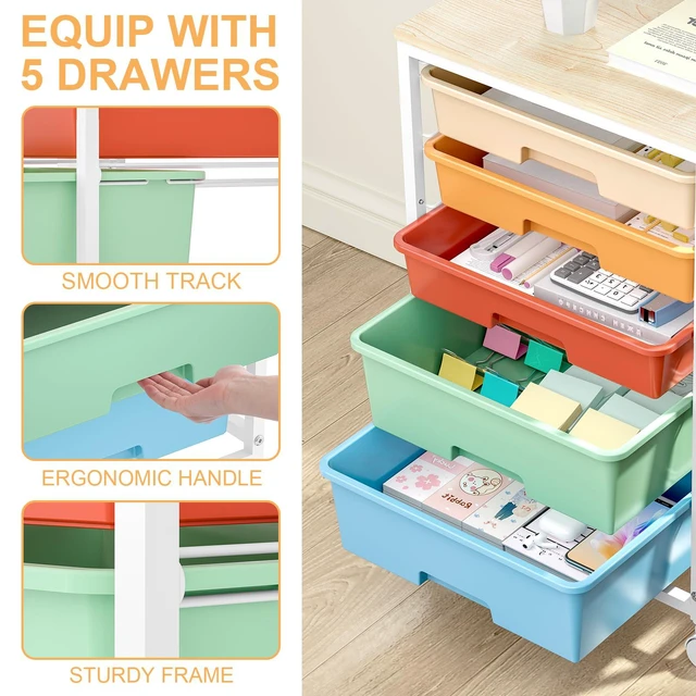 Alt view image 4 of 7 - Utility Cart with Drawers,5 Drawers Storage Cart,Macaron 5-Tiers Storage Cart with Drawers with Lockable Wheels for Craft Organizers and Storage,Home Office,Classroom,Dorm,Playroom