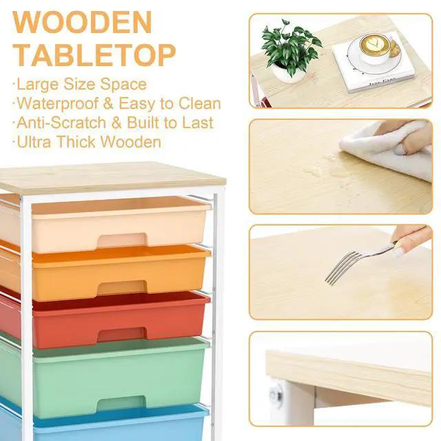 Alt view image 5 of 7 - Utility Cart with Drawers,5 Drawers Storage Cart,Macaron 5-Tiers Storage Cart with Drawers with Lockable Wheels for Craft Organizers and Storage,Home Office,Classroom,Dorm,Playroom