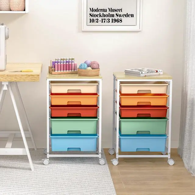 Alt view image 7 of 7 - Utility Cart with Drawers,5 Drawers Storage Cart,Macaron 5-Tiers Storage Cart with Drawers with Lockable Wheels for Craft Organizers and Storage,Home Office,Classroom,Dorm,Playroom