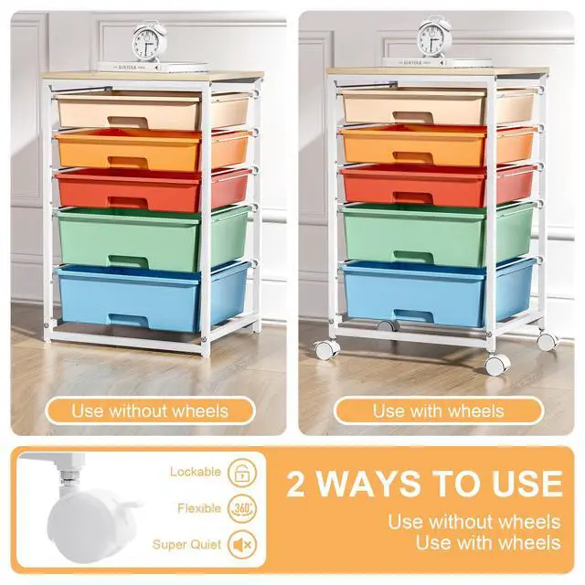 Alt view image 6 of 7 - Utility Cart with Drawers,5 Drawers Storage Cart,Macaron 5-Tiers Storage Cart with Drawers with Lockable Wheels for Craft Organizers and Storage,Home Office,Classroom,Dorm,Playroom