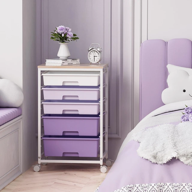 Alt view image 2 of 7 - Utility Cart with 5 Drawers with Wooden Top,Purple 5-Tiers Storage Cart with Drawers with Lockable Wheels for Craft Organizers and Storage,Home Office,Classroom,Dorm,Playroom