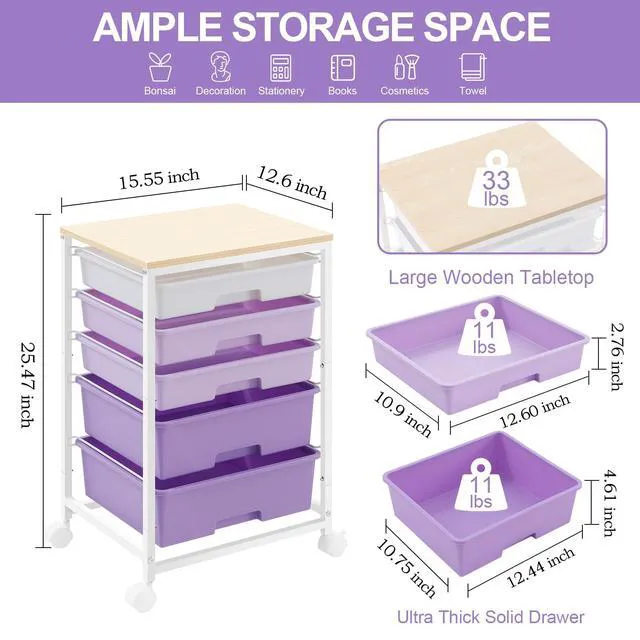 Alt view image 3 of 7 - Utility Cart with 5 Drawers with Wooden Top,Purple 5-Tiers Storage Cart with Drawers with Lockable Wheels for Craft Organizers and Storage,Home Office,Classroom,Dorm,Playroom