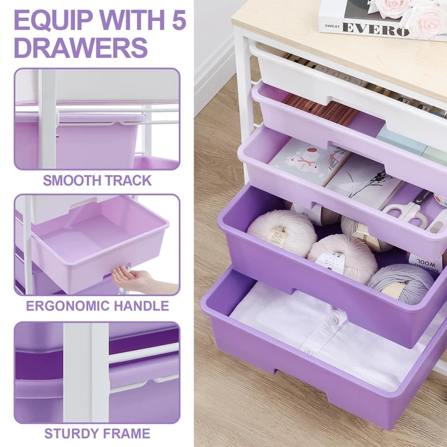 Alt view image 4 of 7 - Utility Cart with 5 Drawers with Wooden Top,Purple 5-Tiers Storage Cart with Drawers with Lockable Wheels for Craft Organizers and Storage,Home Office,Classroom,Dorm,Playroom