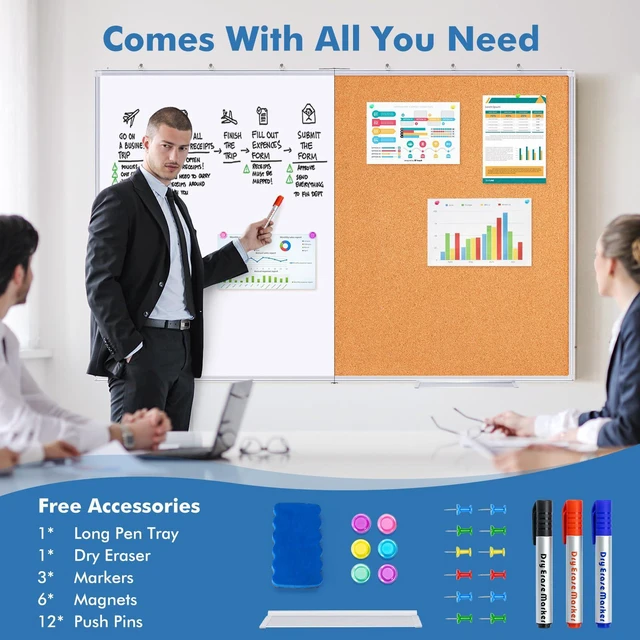 Alt view image 7 of 7 - Magnetic White & Cork Board Combo 48" x 36" Aluminum Frame Dry Erase Bulletin Board, Wall Mounted or Hanging. Dual-function Surface for Writing & Pinning. Ideal for Home, Office, Shool