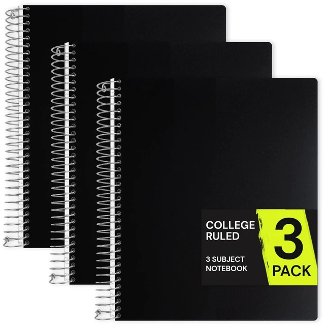 Main image of 3 Subject Spiral Notebook College Ruled, 300 Pages 150 Sheets, 9 x 11 in, Waterproof Plastic Cover, Durable, 3-Hole Punched, Dividers, Double-Sided Pockets