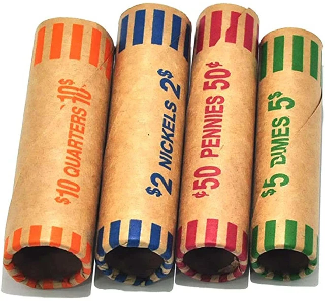 Main image of L LIKED 256 Assorted Preformed Coin Wrappers Quarters Pennies Nickels Dimes Color-coded, preformed, easy to use, tear-resistant kraft paper, for banks, retail & home