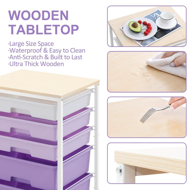 Alt view image 6 of 7 - Utility Cart with 5 Drawers with Wooden Top,Purple 5-Tiers Storage Cart with Drawers with Lockable Wheels for Craft Organizers and Storage,Home Office,Classroom,Dorm,Playroom