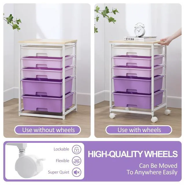 Alt view image 7 of 7 - Utility Cart with 5 Drawers with Wooden Top,Purple 5-Tiers Storage Cart with Drawers with Lockable Wheels for Craft Organizers and Storage,Home Office,Classroom,Dorm,Playroom