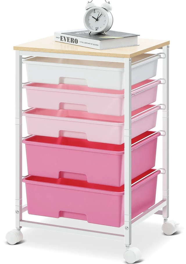 Main image of Utility Cart with Drawers,5 Drawers Storage Cart,Rose Pink 5-Tiers Drawer Cart with Wooden Top with Lockable Wheels for Craft Organizers and Storage,Home Office,Classroom,Dorm,Playroom