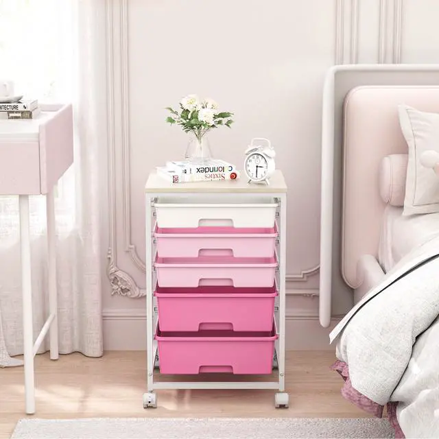 Alt view image 2 of 7 - Utility Cart with Drawers,5 Drawers Storage Cart,Rose Pink 5-Tiers Drawer Cart with Wooden Top with Lockable Wheels for Craft Organizers and Storage,Home Office,Classroom,Dorm,Playroom