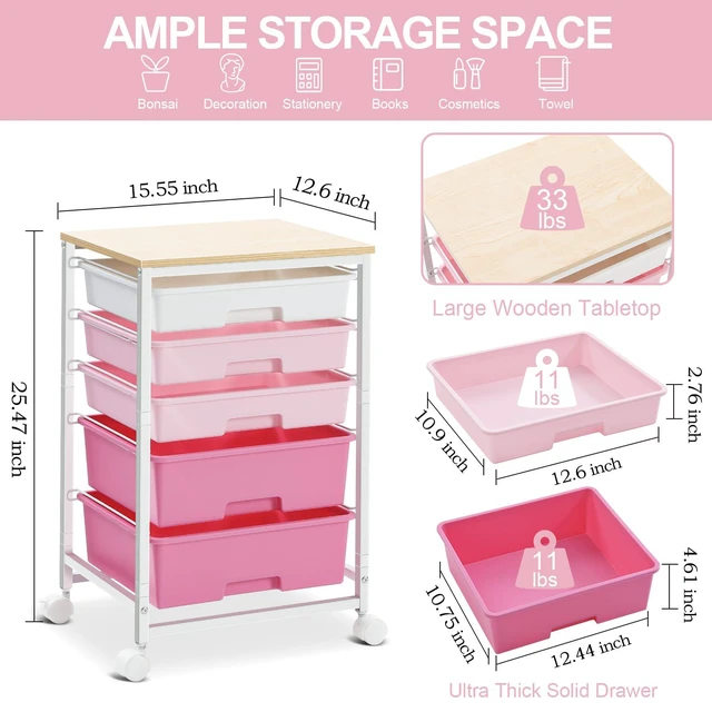 Alt view image 3 of 7 - Utility Cart with Drawers,5 Drawers Storage Cart,Rose Pink 5-Tiers Drawer Cart with Wooden Top with Lockable Wheels for Craft Organizers and Storage,Home Office,Classroom,Dorm,Playroom