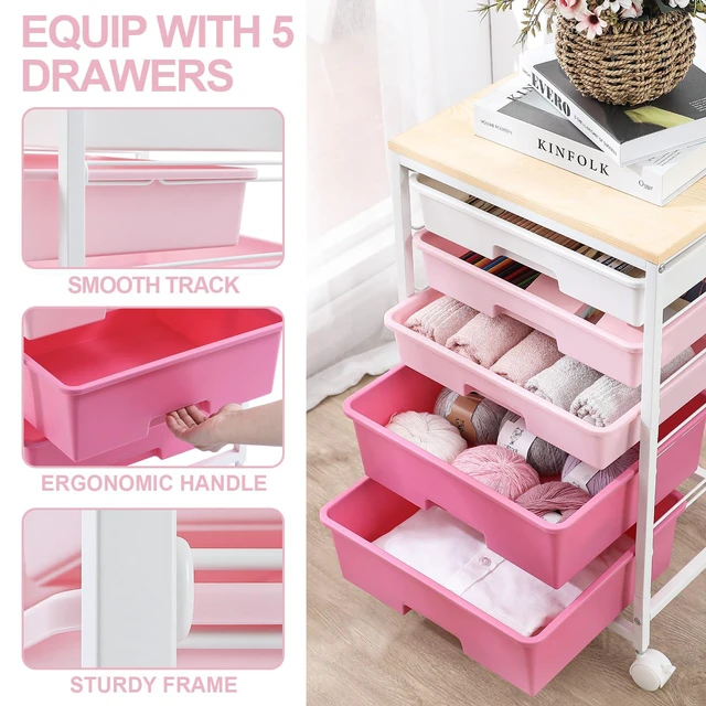 Alt view image 4 of 7 - Utility Cart with Drawers,5 Drawers Storage Cart,Rose Pink 5-Tiers Drawer Cart with Wooden Top with Lockable Wheels for Craft Organizers and Storage,Home Office,Classroom,Dorm,Playroom