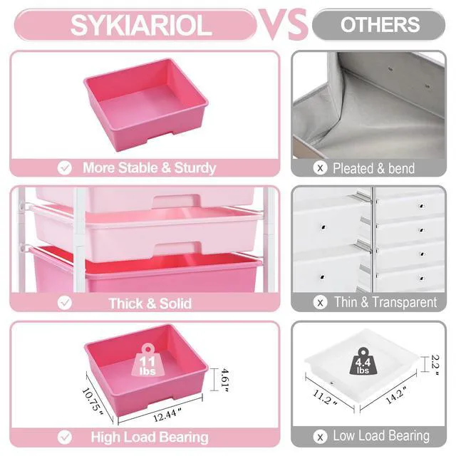 Alt view image 5 of 7 - Utility Cart with Drawers,5 Drawers Storage Cart,Rose Pink 5-Tiers Drawer Cart with Wooden Top with Lockable Wheels for Craft Organizers and Storage,Home Office,Classroom,Dorm,Playroom