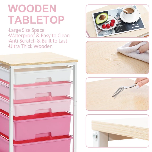 Alt view image 6 of 7 - Utility Cart with Drawers,5 Drawers Storage Cart,Rose Pink 5-Tiers Drawer Cart with Wooden Top with Lockable Wheels for Craft Organizers and Storage,Home Office,Classroom,Dorm,Playroom