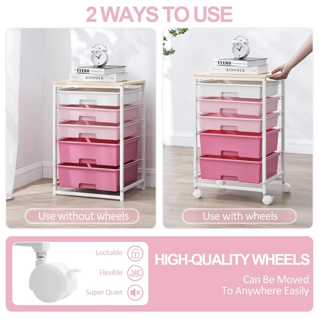 Alt view image 7 of 7 - Utility Cart with Drawers,5 Drawers Storage Cart,Rose Pink 5-Tiers Drawer Cart with Wooden Top with Lockable Wheels for Craft Organizers and Storage,Home Office,Classroom,Dorm,Playroom