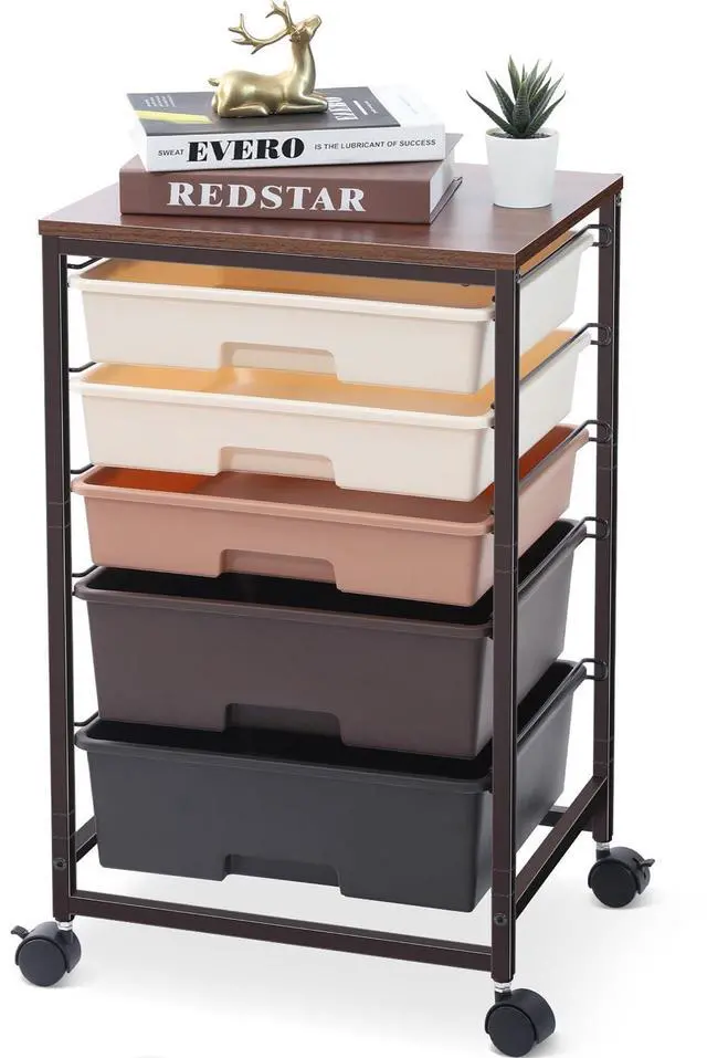 Main image of Rolling Cart with Drawers, 5 Drawers Utility Cart, Dark Brown 5-Tiers Storage Cart with Drawers with Lockable Wheels for Craft Organizers and Storage,Home Office,Classroom,Dorm,Playroom