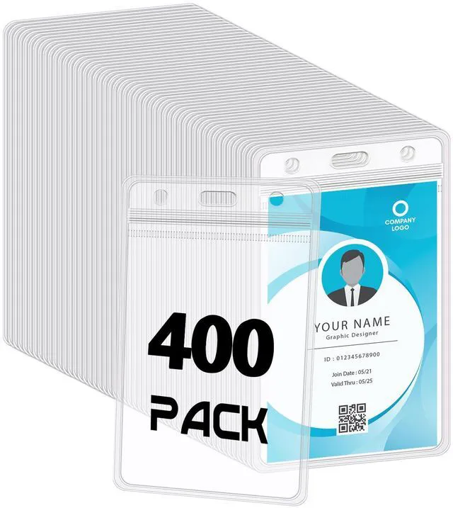 Main image of 400 Pack Vertical Id Badge Holders, Clear Waterproof PVC, 4.5 x 2.7 in Resealable Zip Closure, Transparent And Scannable, Soft Durable Pvc, Fits Id Cards, Name Tags, Work And School Use