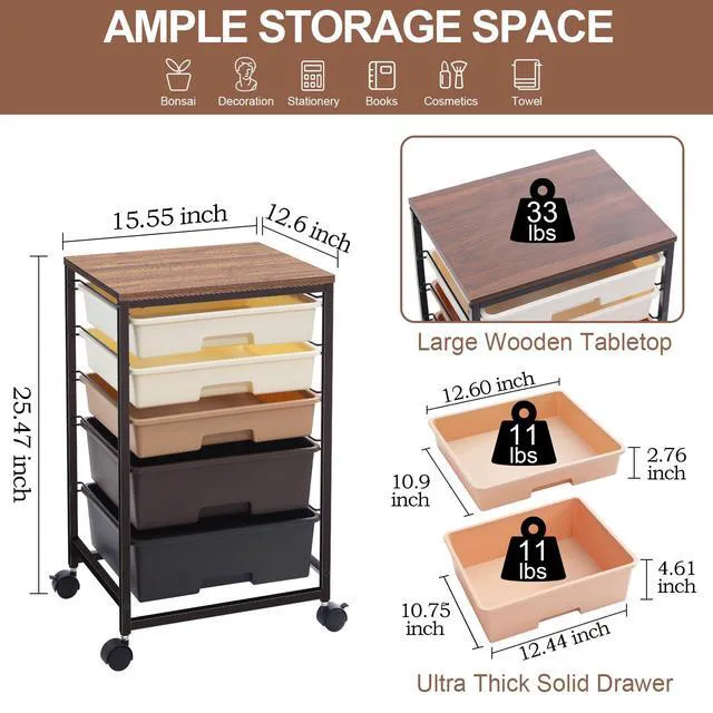 Alt view image 3 of 7 - Rolling Cart with Drawers, 5 Drawers Utility Cart, Dark Brown 5-Tiers Storage Cart with Drawers with Lockable Wheels for Craft Organizers and Storage,Home Office,Classroom,Dorm,Playroom