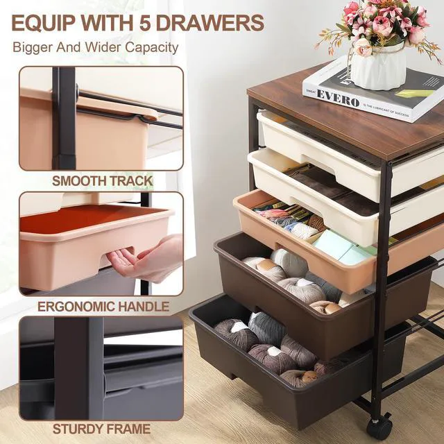 Alt view image 4 of 7 - Rolling Cart with Drawers, 5 Drawers Utility Cart, Dark Brown 5-Tiers Storage Cart with Drawers with Lockable Wheels for Craft Organizers and Storage,Home Office,Classroom,Dorm,Playroom