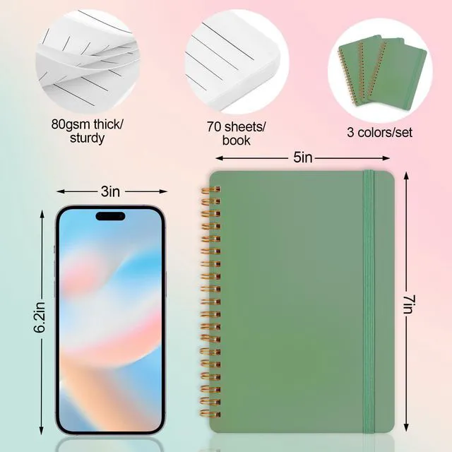 Alt view image 2 of 7 - 3 PCS Small Spiral Notebook 5x7, Notebooks for Note Taking, Green Spiral Journal Notebook, Work Notebook Small Notebooks 5x7 with Strap, Cute Notebooks for Women 70 Sheets/Note Books (Pack of 2)