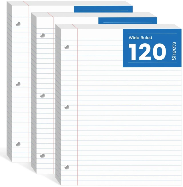 Main image of Loose Leaf Paper 8.5x11, 360 Sheets Filler Paper 3 Hole Punch Binder Paper Wide Ruled Lined Paper 8.5 x 11 for 3 Ring Binder, White, 3 Pack, 120 Sheets/Pad
