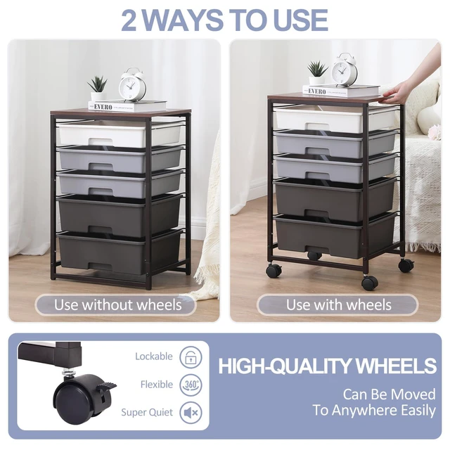 Alt view image 7 of 7 - Utility Cart with Drawers,5 Drawers Storage Cart,Dark Grey 5-Tiers Storage Cart with Drawers with Lockable Wheels for Craft Organizers and Storage,Home Office,Classroom,Dorm,Playroom