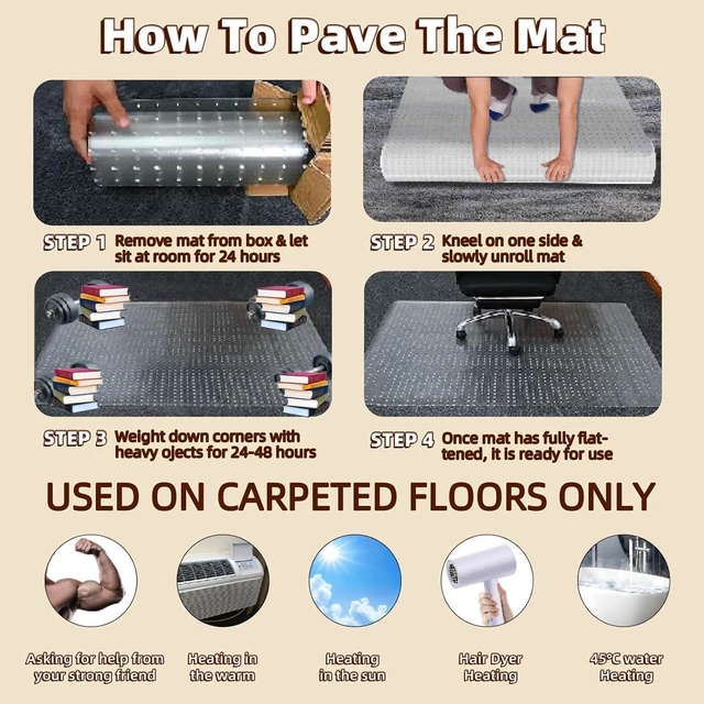 Alt view image 4 of 6 - Office Chair Mat for Low-Pile Carpet 48" x 65", Extra Large Clear Mat Extra Large Coverage for Executive Desks and Gaming, Clear PVC with Grip Studs and a Smooth Surface for Easy Daily Rolling