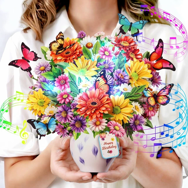 Main image of Birthday Cards for Women,with Light and Music Daisy Pull-out Butterfly 10 Inch Forever Flower Bouquet, 3D Pop Up Birthday Gift Card for Wife Mom Daughter Sister (Blank Notecard & Envelope)