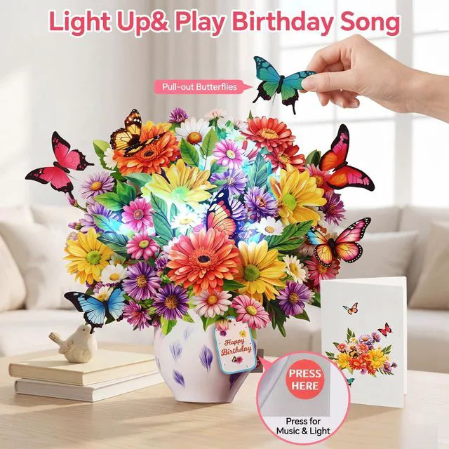Alt view image 2 of 7 - Birthday Cards for Women,with Light and Music Daisy Pull-out Butterfly 10 Inch Forever Flower Bouquet, 3D Pop Up Birthday Gift Card for Wife Mom Daughter Sister (Blank Notecard & Envelope)