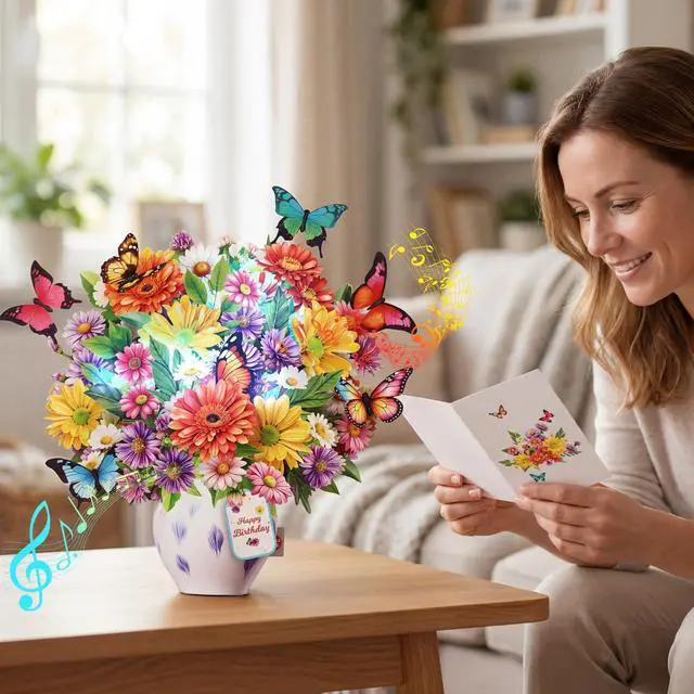 Alt view image 4 of 7 - Birthday Cards for Women,with Light and Music Daisy Pull-out Butterfly 10 Inch Forever Flower Bouquet, 3D Pop Up Birthday Gift Card for Wife Mom Daughter Sister (Blank Notecard & Envelope)