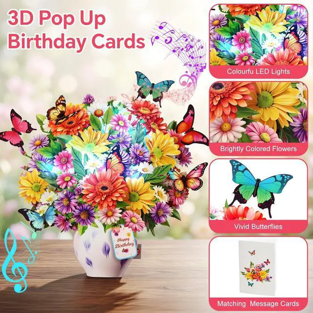 Alt view image 3 of 7 - Birthday Cards for Women,with Light and Music Daisy Pull-out Butterfly 10 Inch Forever Flower Bouquet, 3D Pop Up Birthday Gift Card for Wife Mom Daughter Sister (Blank Notecard & Envelope)