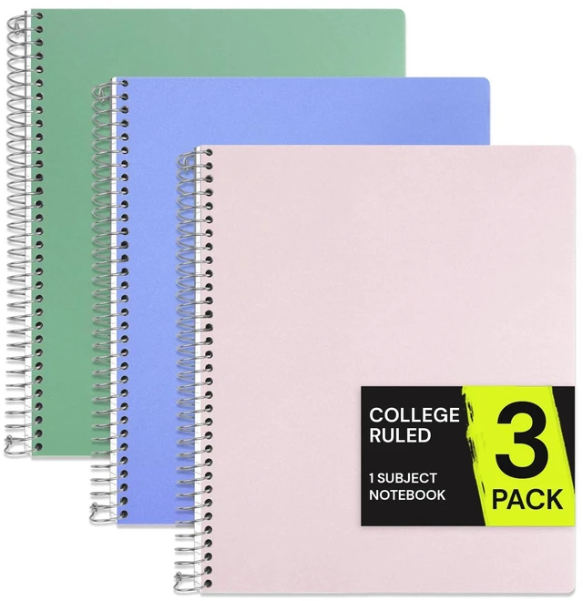 Main image of 1 Subject Spiral Notebook College Ruled 3 Pack, 200 Pages 100 Sheets, 9 x 11 in, Waterproof Plastic Cover, Durable, 3-Hole Punched, Divider, Double-Sided Pocket, Study: Amazon.com
