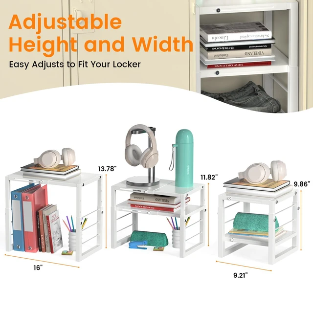 Alt view image 7 of 7 - Locker Organizer Shelf White, Metal Adjustable Width and Height, Ideal Locker for School, Office, and Gym Lockers, Extends Locker Storage Organization