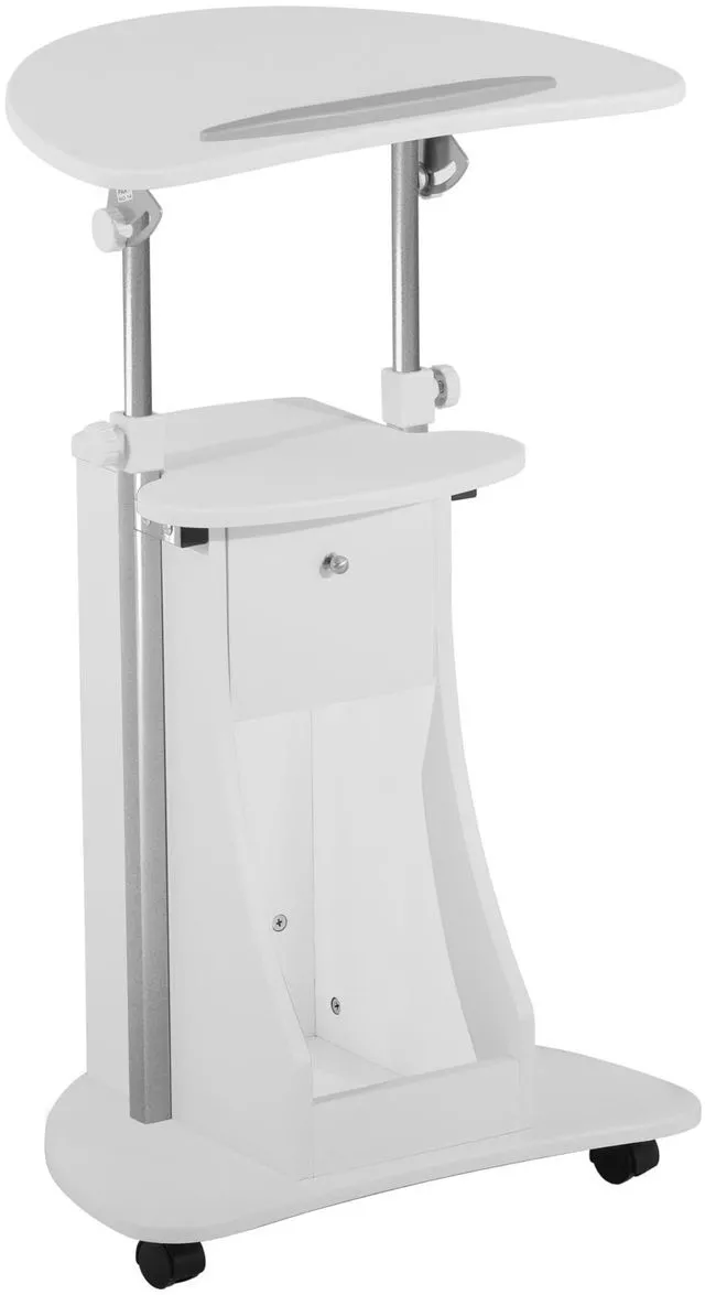 Main image of Adjustable Height Rolling Laptop Cart with Storage, White Adjustable Height Rolling Laptop Cart with Tilting Top, Storage Shelf, Locking Wheels, Sit to Stand Desk, Mobile Podium,White