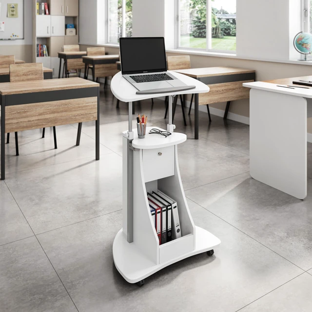 Alt view image 2 of 7 - Adjustable Height Rolling Laptop Cart with Storage, White Adjustable Height Rolling Laptop Cart with Tilting Top, Storage Shelf, Locking Wheels, Sit to Stand Desk, Mobile Podium,White