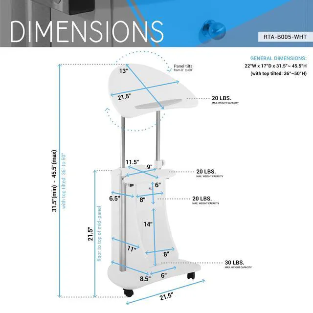 Alt view image 3 of 7 - Adjustable Height Rolling Laptop Cart with Storage, White Adjustable Height Rolling Laptop Cart with Tilting Top, Storage Shelf, Locking Wheels, Sit to Stand Desk, Mobile Podium,White