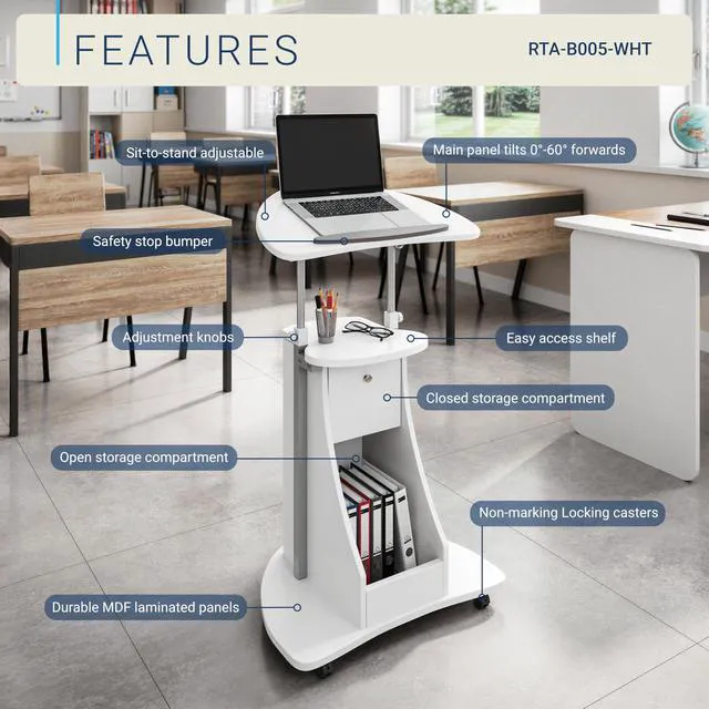 Alt view image 4 of 7 - Adjustable Height Rolling Laptop Cart with Storage, White Adjustable Height Rolling Laptop Cart with Tilting Top, Storage Shelf, Locking Wheels, Sit to Stand Desk, Mobile Podium,White