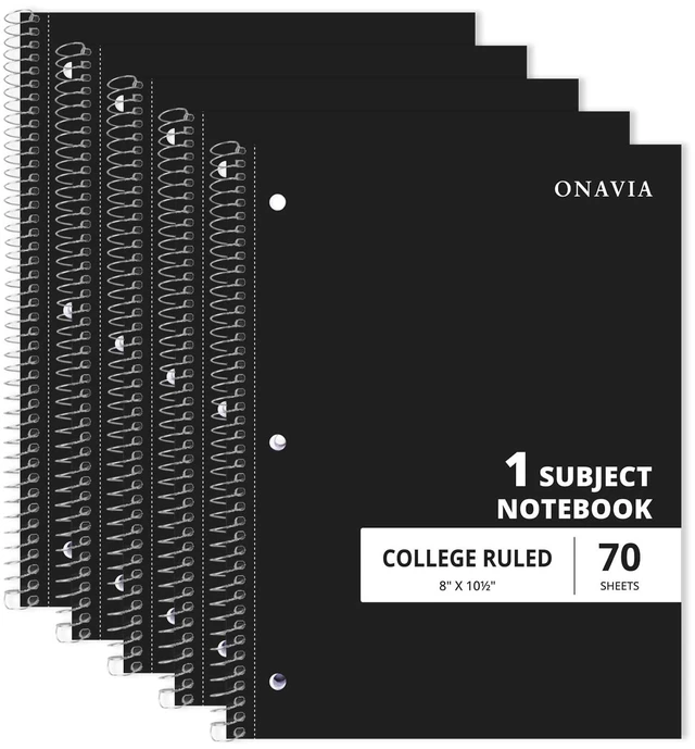 Main image of 1 Subject Spiral Notebook College Ruled 5 Pack, 140 Pages, Black 70 Sheets, 8 x 10.5 in, 3-Hole Punched, School Notebook, Writing Notebook, Students, Study: Amazon.com