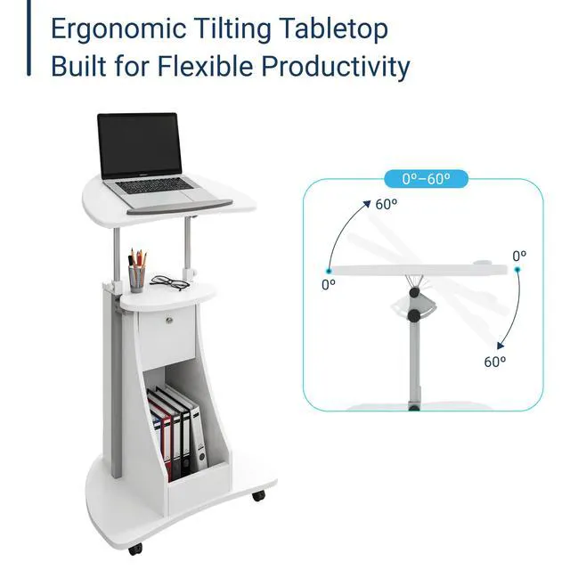 Alt view image 5 of 7 - Adjustable Height Rolling Laptop Cart with Storage, White Adjustable Height Rolling Laptop Cart with Tilting Top, Storage Shelf, Locking Wheels, Sit to Stand Desk, Mobile Podium,White