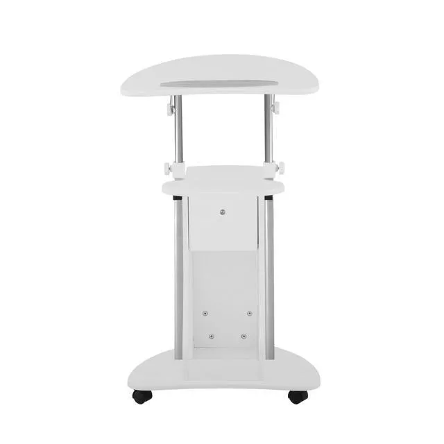 Alt view image 6 of 7 - Adjustable Height Rolling Laptop Cart with Storage, White Adjustable Height Rolling Laptop Cart with Tilting Top, Storage Shelf, Locking Wheels, Sit to Stand Desk, Mobile Podium,White