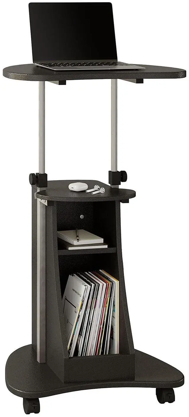 Main image of Adjustable Height Rolling Laptop Cart with Storage, Graphite Adjustable height rolling laptop cart with storage drawer, open shelf, wheels, sitstand design for office or medical use