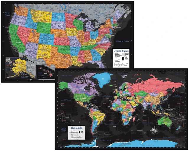 Main image of Laminated World Map & US Map Poster Set - 18" x 29" - Wall Chart Maps of the World & United States - Made in the USA (LAMINATED) (Black)