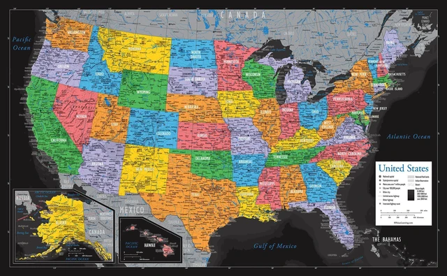Alt view image 4 of 7 - Laminated World Map & US Map Poster Set - 18" x 29" - Wall Chart Maps of the World & United States - Made in the USA (LAMINATED) (Black)