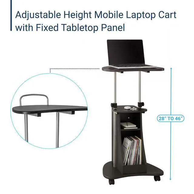 Alt view image 5 of 7 - Adjustable Height Rolling Laptop Cart with Storage, Graphite Adjustable height rolling laptop cart with storage drawer, open shelf, wheels, sitstand design for office or medical use