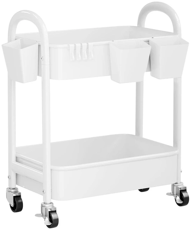 Main image of 2 Tier Rolling Cart Metal with Wheels,White Under Desk Storage Roller Carts Two Tiered Short Shelf Trolley, Small Utility Organizer Caddy on Wheels for Dorm, Bathroom, Craft, Art, Baby, Pantry, Snack